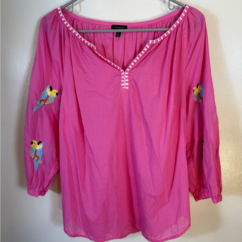 Talbots Blouse Pink Cotton‎ Parrott Embroidered Peasant Top Lightweight Small
